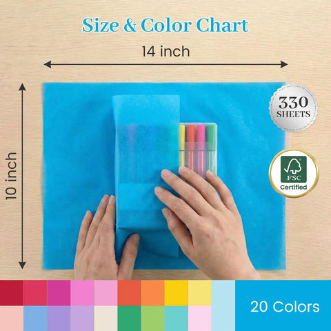 Hands holding 330 Sheets Multicolor Tissue Paper Pack 14x10 Inches Wrapping Paper For Gift Bags Holiday Birthday DIY Crafts Projects 20 Vibrant Colors, showing size chart.
