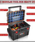 Open black heavy duty 3 tier rolling tool box with wheels, showing removable parts tray, telescopic handle, for garage and fieldwork.