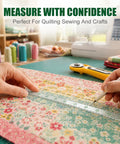 Slim 12 Inch Pocket Quilting Ruler in clear acrylic with green grid, used for pattern making on floral fabric in sewing studio.
