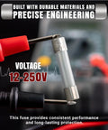 Top Shelf 360 Piece Fast Blow Glass Tube Fuse Assortment Kit featuring a fuse with voltage 12-250V and probe connection.