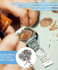 Hand with tool fixing watch using 100Pcs Watch Battery Clamp Screws Set For Micro Screw Replacement In Watches on table