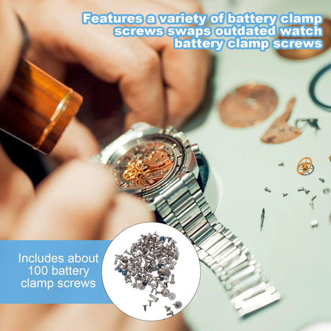 Hand with tool fixing watch using 100Pcs Watch Battery Clamp Screws Set For Micro Screw Replacement In Watches on table