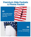 2 In 1 Mens Swim Trunks With Built In Compression Liner For Support 7 Inch Board Shorts American Flag Design side and phone pockets
