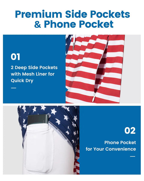 2 In 1 Mens Swim Trunks With Built In Compression Liner For Support 7 Inch Board Shorts American Flag Design side and phone pockets