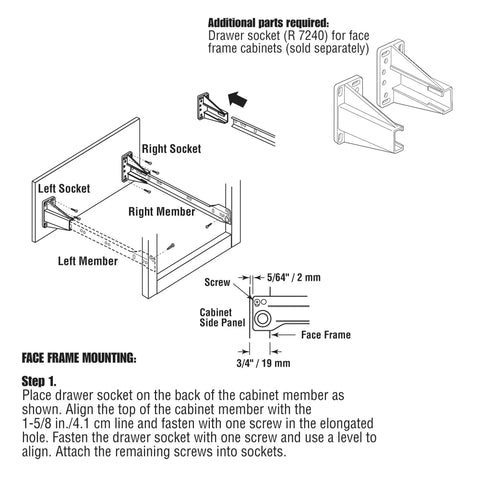 Diagram installation of Self Closing Drawer Slide Kit Soft Close For Bottom And Side Mount Cabinets Fifteen Three Quarters Inch Steel Tracks