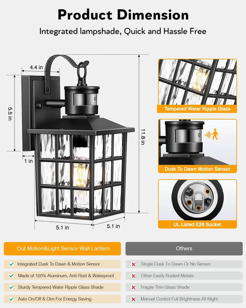 Black Motion Sensor Outdoor Porch Light With Dusk To Dawn Modern Wall Mount Sconce Waterproof Aluminum Anti Rust Exterior
