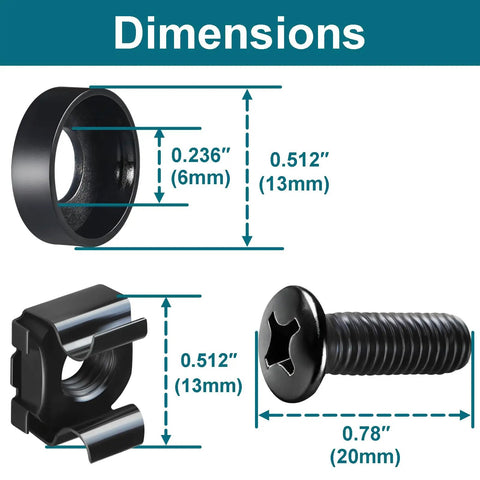 Dimensions of Rock Solid M6 Cage Nuts and Rack Screws Kit Made from Heavy Duty Carbon Steel for Server Racks and Computer Cases.