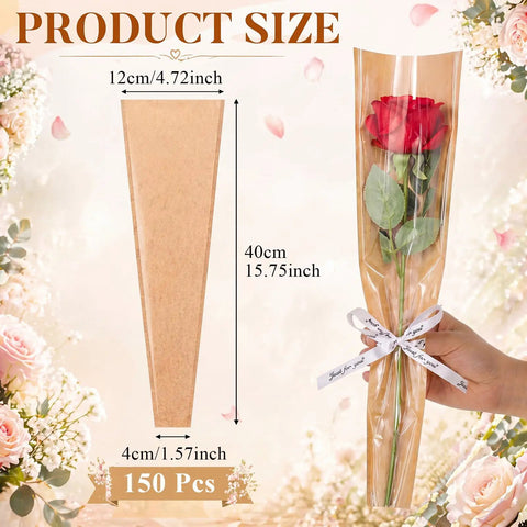 150 Pack Rose Sleeve Bouquet Bags Kraft Paper Backed With Plastic Front For Easy Floral Wrapping, product size shown