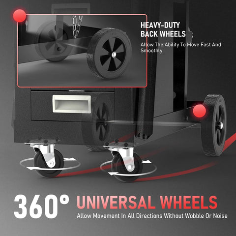Heavy Duty Welding Cart With Four Drawers For MIG, TIG, And Plasma Cutter, featuring 360-degree universal wheels, side view.