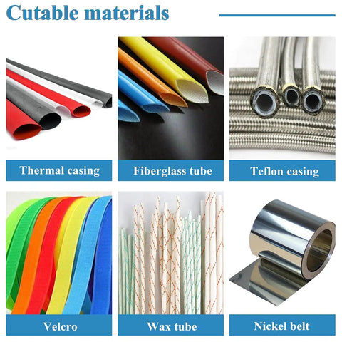 Cutable materials for Electric Heat Shrink Tube Cutter With 250W Motor And Micro Computer Control Precision, including thermal casing and fiberglass tube.