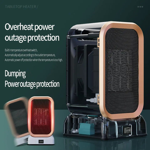 Portable Indoor Space Heater 1000 Watts High Output With Two Heat Settings, black and gold design, with overheat protection features.
