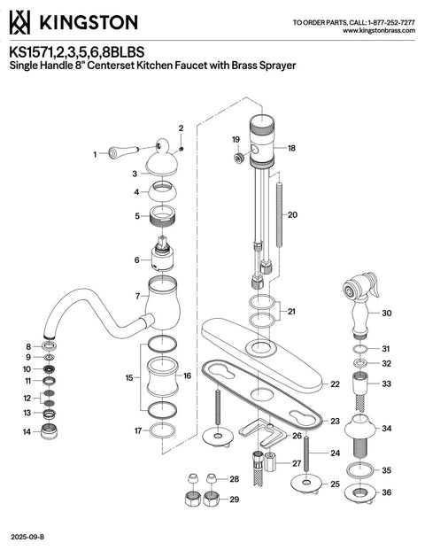 Exploded diagram of Heritage 8-Inch Centerset Kitchen Faucet With Single Handle And Brass Sprayer components and assembly.