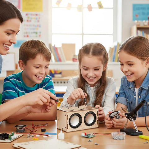 Kids building a speaker with Hands On DIY Electronics Kit For Kids And Teens Build A Speaker Learn Circuits And Sound STEM Project Gift.