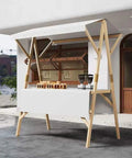 Foldable Wooden Market Stall Booth With Canopy, Outdoor Vendor Cart, Mobile Street Food Stand, Commercial setup with white stripe design.