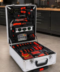 Open 899-Piece Home Repair Tool Set With Rolling Aluminum Tool Chest And Four-Drawer Case showcasing tools inside