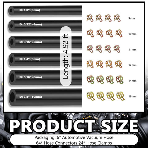 Graphical display of Silicone Vacuum Hose Kit For Cars Six Sizes From 1/8 To 3/8 Inch With 64 Connectors And 24 Clamps 94 Piece Set