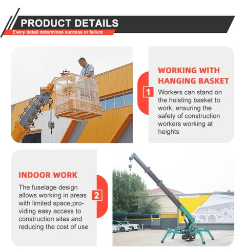 Portable Crawler Crane With 3 Ton Hydraulic Lift And 2 5 Ton Electric Hoist Featuring 360 Degree Spin compact crane with worker in basket.