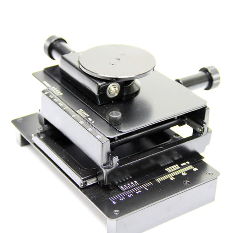 X Y Fine Adjustment And Rotational Base For Dino Lite Microscope 3.25 Inch By 4.25 Inch Table, black finish, side view