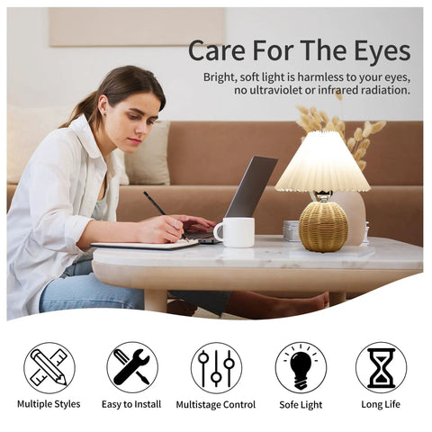 Woman using laptop beside Korean Pleated DIY Ceramic Table Lamp With Rattan Accent In White For Living Room Decor, Cute Bedside Lamp With Tricolor LED Bulb, Soft Romantic Lighting, Modern Nightstand Or Desk Accent