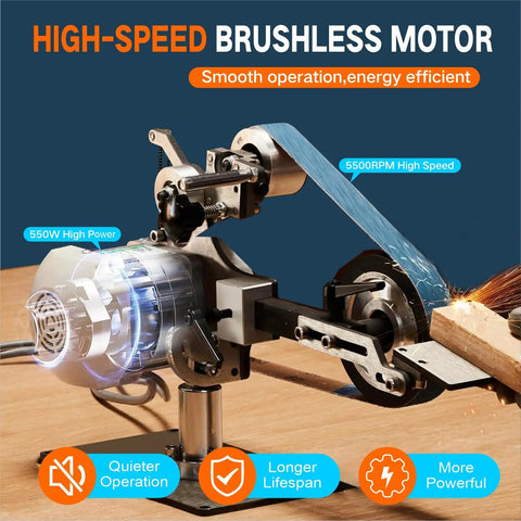 Game Changer 550W Variable Speed Belt Sander With Vfd Panel And Swift Reverse Toggle For Smooth Metal Finishing And Custom Knife Crafting Ships Direct With Dual Rubber Rollers And Three Premium Belts showcasing high-speed brushless motor.