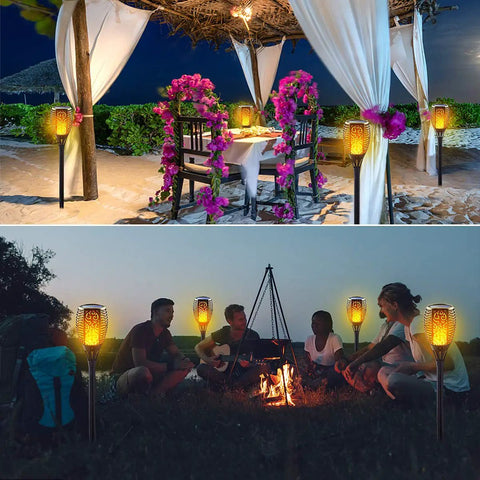 Solar Torch Lights With Flickering Flame For Outdoor Yards And Pathways, Waterproof IP65 Tiki Torches illuminating beach setting at night