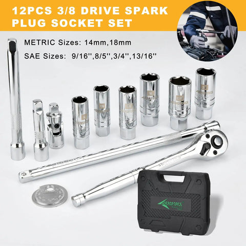 12 Piece Spark Plug Socket Set With 3/8 Inch Drive, Ratchet Handle, Universal Joint, Extension Bar And Gap Tool, Pro Grade