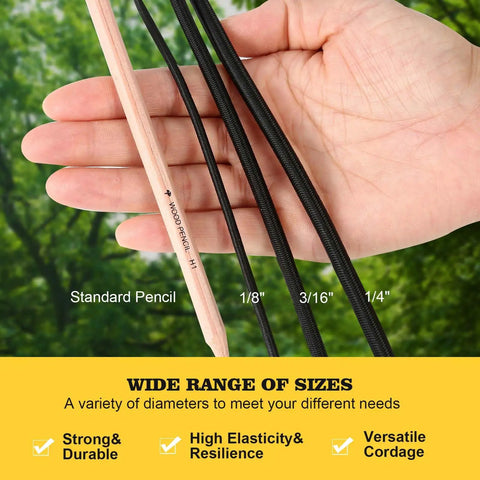 Hand holding various diameters of Heavy-Duty Bungee Cord Roll 0.25 Inch By 100 Feet For Tents, Kayaks, DIY Repairs.