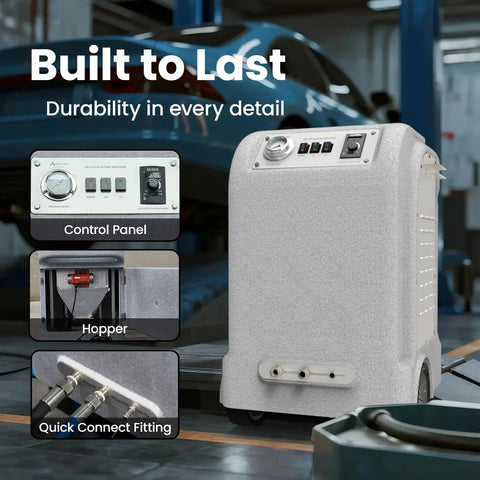 Dry Ice Blasting Machine Kit 2 In 1 With 26 Ft Hose And 44 Lb Hopper Long Reach Anti Clog System For Auto Food And Industrial Cleaning Versatile Heavy Duty Cleaning Tool For Pros Pro Grade with control panel and hopper details.