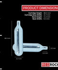 Dimensions of Thirty Pack Of 16 Gram Unthreaded CO2 Blasters on a scale, showing height and width measurements.