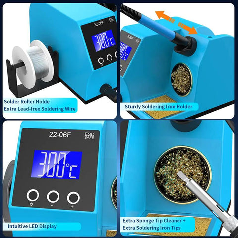 60W Soldering Station With LCD Digital Display showing temperature, solder roller holder, iron holder, and cleaning tip sponge