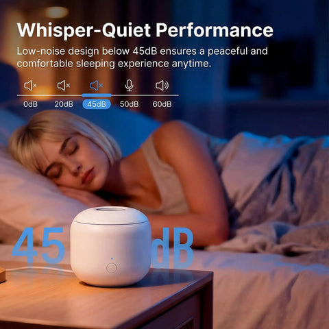 Ultrasonic Retainer Cleaner Machine with 44kHz Wave Action on nightstand beside sleeping person, 200ml White