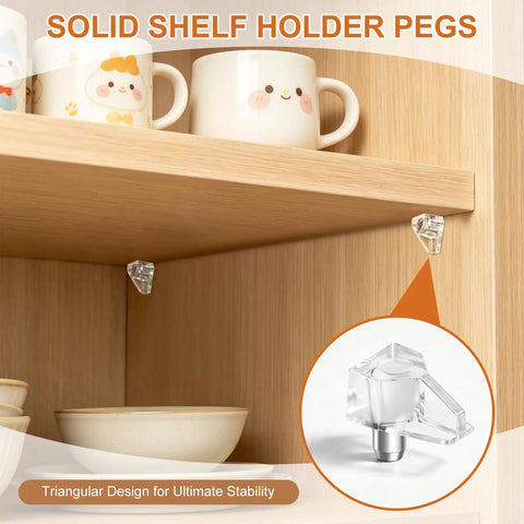 20 Pack Clear Cabinet Shelf Support Pegs Equipped With 5mm Locking Holder Clips Premium Replacement Hardware installed in kitchen shelf.