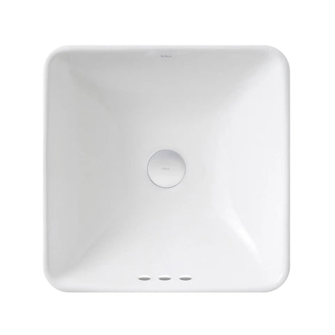 Top view of Elavo Ceramic Square Semi-Recessed Bathroom Sink With Overflow And Pop Up Drain In Chrome White, Scratch-Resistant Finish.