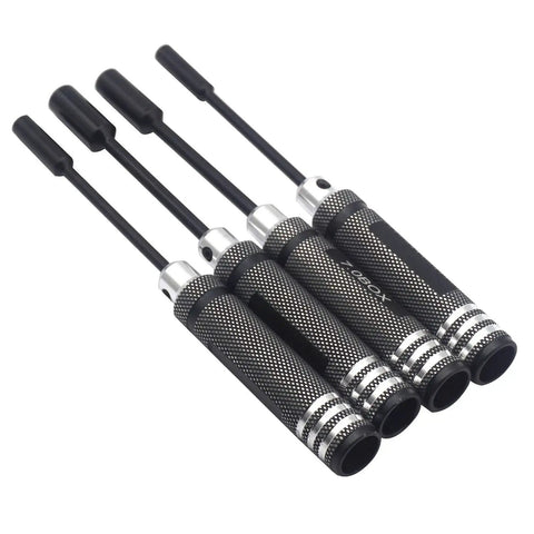Four Piece Hex Nut Key Socket Driver Set for RC Gear 4.0, 5.5, 7.0 and 8.0 Millimeter Sockets Aluminum Sleeve Wrench Set
