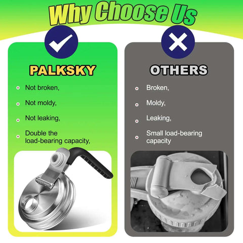 Comparison infographic featuring stainless steel pour spout lid with handle versus competitor's lid, highlighting durability and leakproof design.