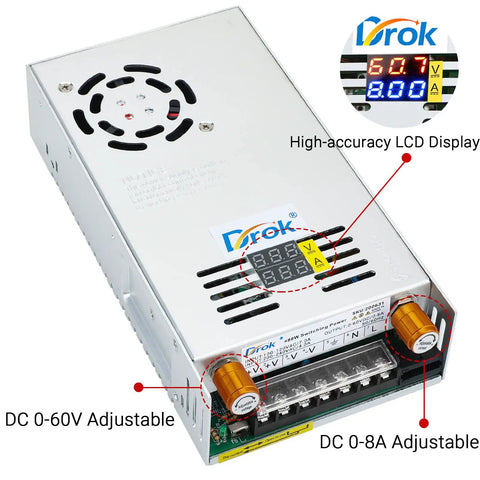 Bench Power Supply 0-60V Adjustable DC Buck Converter 8A 480W with precise LCD display for DIY labs and electronics