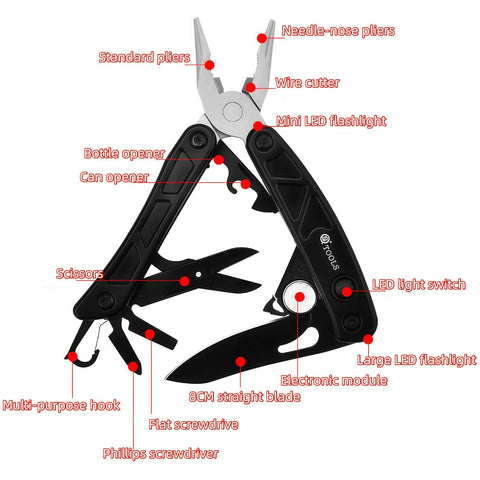 All In One Pliers And 12 In 1 Multitool With Dual LED Lights features scissors, screwdrivers, pliers and blades, perfect for EDC use.