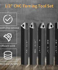 Five Piece One Half Inch Indexable Carbide Turning Inserts Holder Set For Lathes With Replaceable Tips And Rotatable Edges displayed