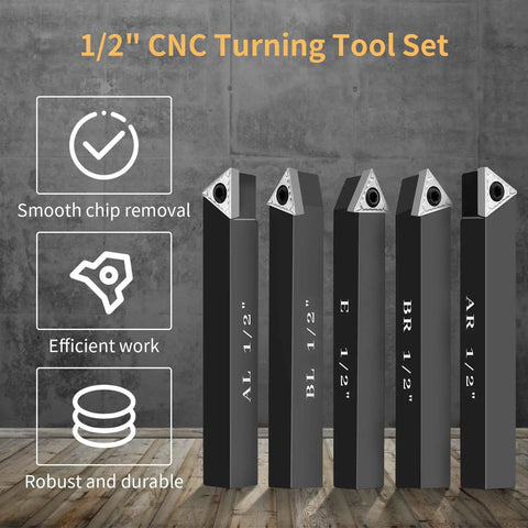 Five Piece One Half Inch Indexable Carbide Turning Inserts Holder Set For Lathes With Replaceable Tips And Rotatable Edges displayed