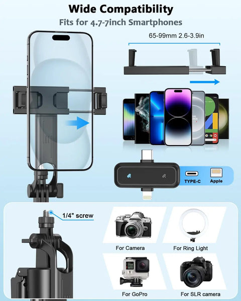 All In One Vlogging Kit For iPhone And Android With diagram showing smartphone mount compatibility and accessory attachments.
