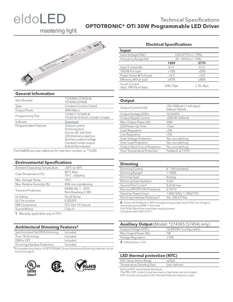 Technical specifications sheet for 30W Dimmable LED Driver With Constant Current, 0-10V Dimmable, 120-277VAC Input, 10-55VDC Output