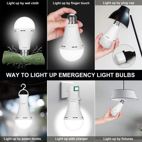 Ways to use 10 Pack Rechargeable Emergency Light Bulbs For Power Outages And Camping, including touch and plug methods.