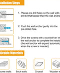 Installation steps and applicable materials for 270 Piece Wall Anchors Kit For Drywall And Concrete Includes Five Essential Sizes.