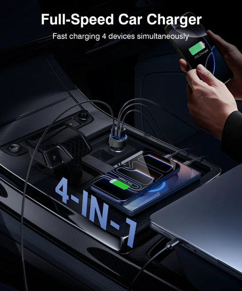 Two Pack 90W USB C Car Charger With Four Independent Power Ports Blazing Fast charging four devices in a vehicle.