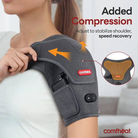 Cordless Shoulder Heating Pad With Vibration Massage, 5000mAh Battery, worn on shoulder showing adjustable compression feature.