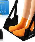No Sagging Bamboo Foot Rest For Travel And Office, Adjustable Foot Hammock With 19.68 To 36.22 Inches Strap in use with orange socks
