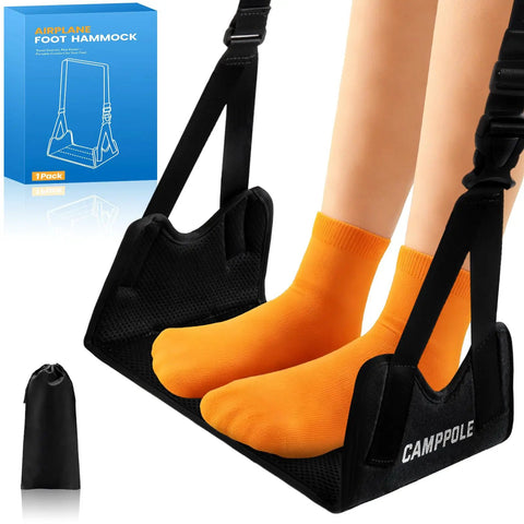 No Sagging Bamboo Foot Rest For Travel And Office, Adjustable Foot Hammock With 19.68 To 36.22 Inches Strap in use with orange socks