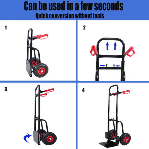 Heavy Duty Steel Hand Truck With Wheels Folding Utility Cart For Moving Furniture And Appliances Boxes And Warehouse Or Office Use Portable Dolly For Easy Transport And Back Saving Load Handling Workhorse shown folding into upright and toe-board modes