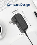 7.5V 2A AC DC Power Adapter with 5.5x2.5mm plug, shown with dimensions, surrounded by office items, durable flame retardant case