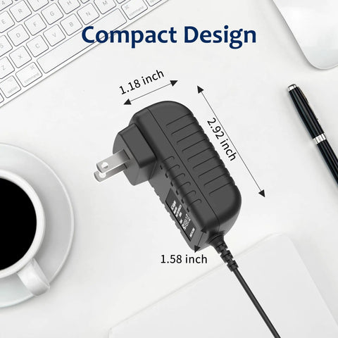 7.5V 2A AC DC Power Adapter with 5.5x2.5mm plug, shown with dimensions, surrounded by office items, durable flame retardant case
